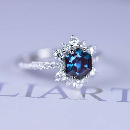 3 Carat Hexagonal Alexandrite Snowflake Halo Engagement Ring. Victorian 14K Rose Gold Ring