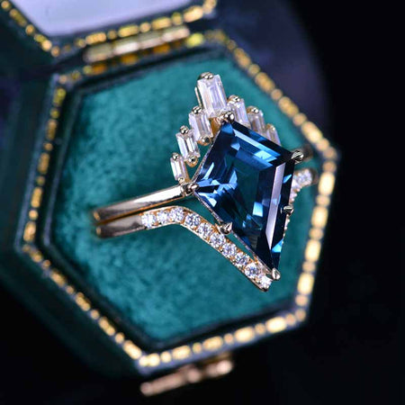 14K Gold 4 Carat Kite Teal Sapphire Halo Engagement Ring, Eternity Ring Set