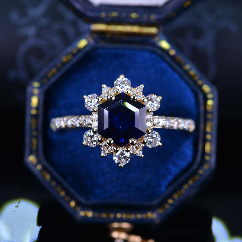 3 Carat Hexagon Sapphire Snowflake Halo Engagement Ring. Victorian 14K Yellow Gold Ring