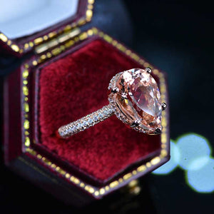 4Ct Pear Morganite Engagement Ring, Solitaire Pear Cut Morganite Engagement Ring, Pear Accents Stones, Hidden Halo Ring