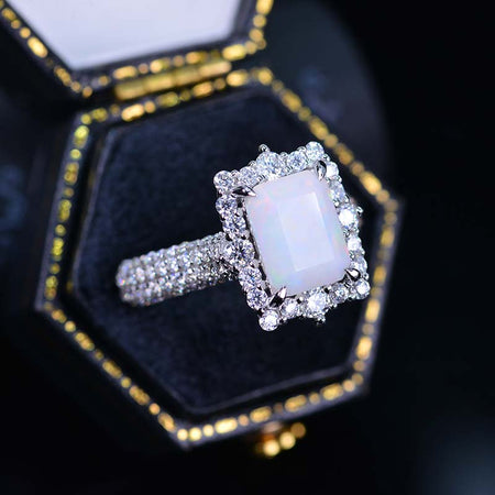 3Ct White Opal Engagement Ring Halo Emerald Cut Opal Engagement Ring, 9x7mm Step Cut White Opal Halo  Engagement Ring