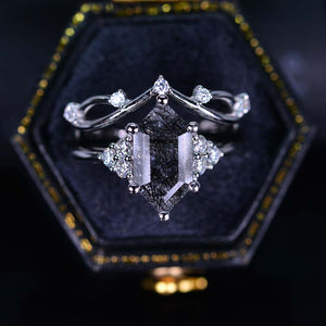 3 Carat Hexagon Rutilated Quartz Halo 14K White Gold  Engagement Ring, Eternity Ring Set