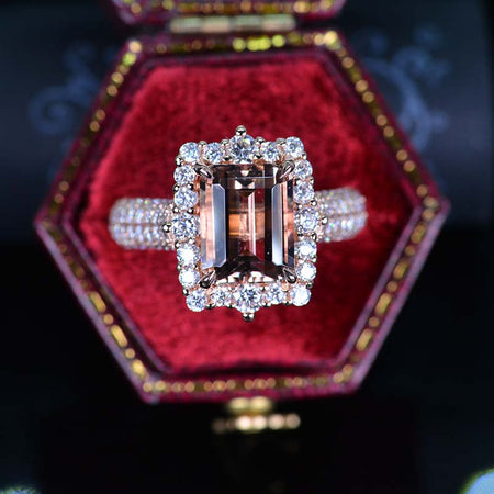 3Ct Natural Morganite Engagement Ring. Halo Emerald Cut Genuine Morganite 14K Rose Gold  Engagement Ring, 9x7mm Step Cut Morganite Engagement Ring