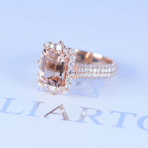 3Ct Natural Morganite Engagement Ring. Halo Emerald Cut Genuine Morganite 14K Rose Gold  Engagement Ring, 9x7mm Step Cut Morganite Engagement Ring