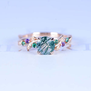 Genuine Moss Agate Floral Rose Gold Engagement  Ring