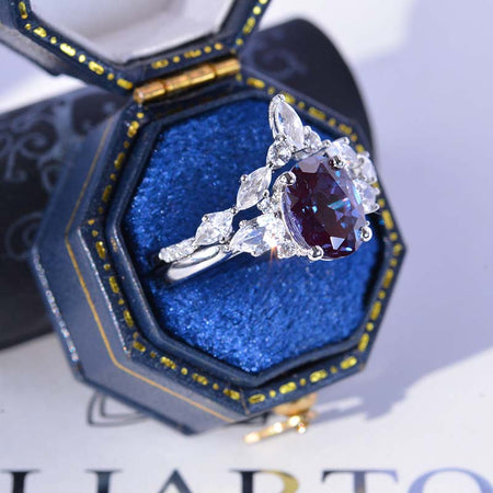 2 Carat Oval Alexandrite Halo Engagement 14K White Gold Ring, Eternity Ring Set