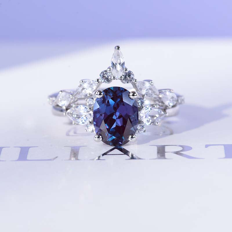 2 Carat Oval Alexandrite Halo Engagement 14K White Gold Ring, Eternity Ring Set