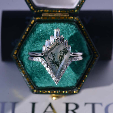 4 Carat Kite Genuine Moss Agate Halo Engagement Ring, Eternity Ring Set