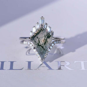 14K Gold 4 Carat Kite Genuine Moss Agate Halo Engagement Ring, Eternity Ring Set