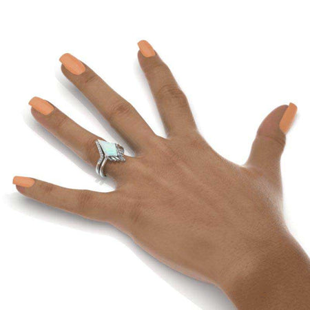 14K Gold 4 Carat Kite Genuine White Opal Halo Engagement Ring, Eternity Ring Set
