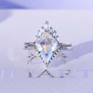 14K Gold 5 Carat Kite Moonstone Halo Engagement Ring, Eternity Ring Set