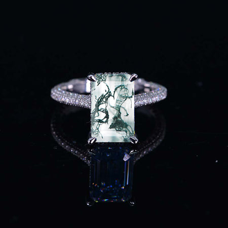 4ct Emerald Cut Genuine Moss Agate Engagement Ring