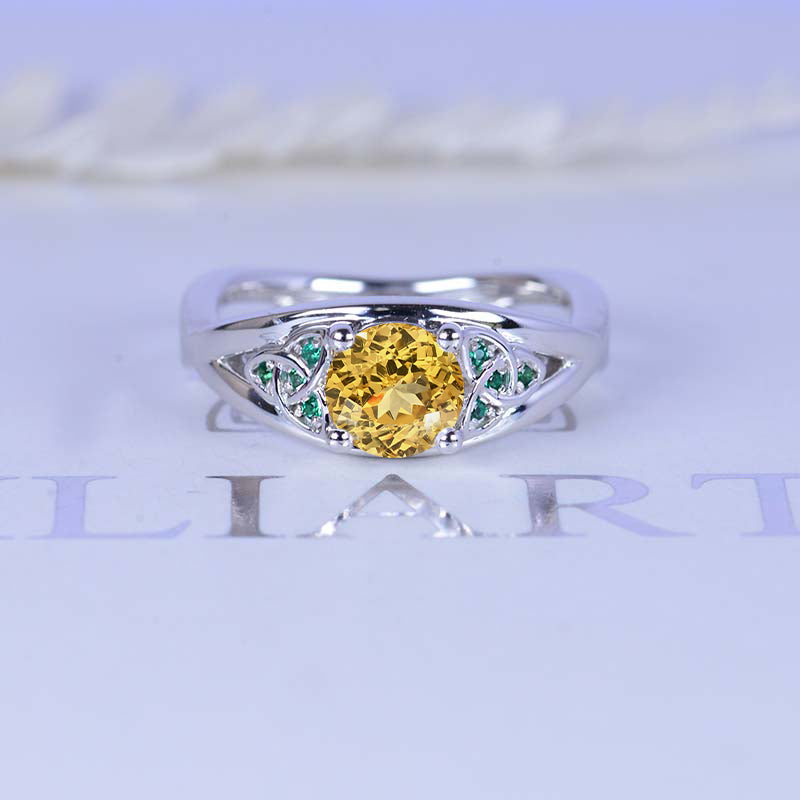 Fairy Tail Genuine Yellow Citrine Celtic Engagement Ring 14K White Gold Model 805-6