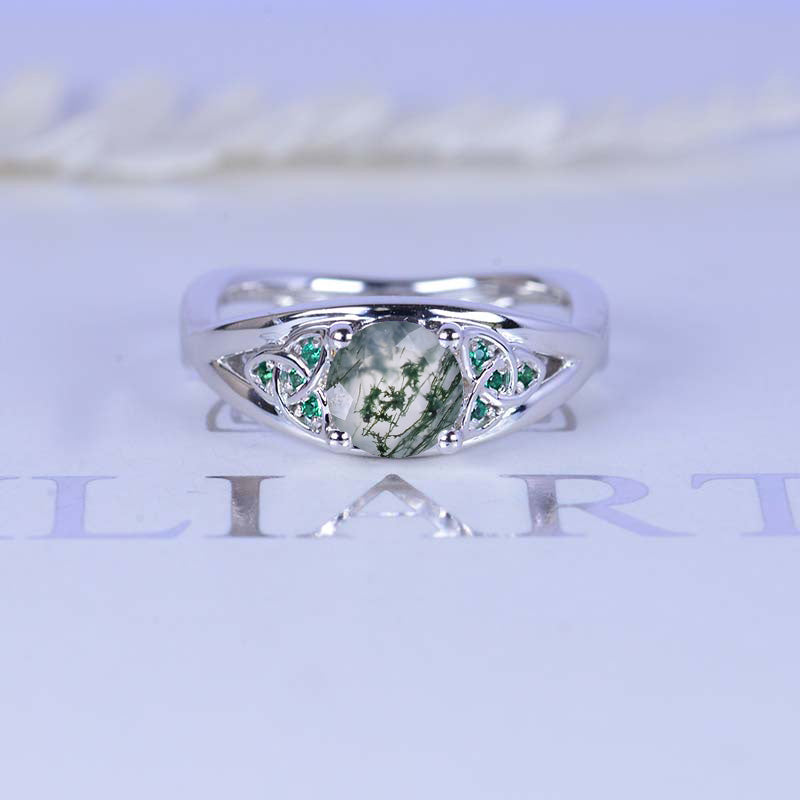Fairy Tail Genuine Moss Agate Celtic Engagement Ring 14K White Gold