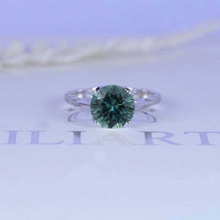 2 Carat Teal Sapphire 14K White Gold Engagement. Eternity Ring. Opal Leaf Floral Ring Design