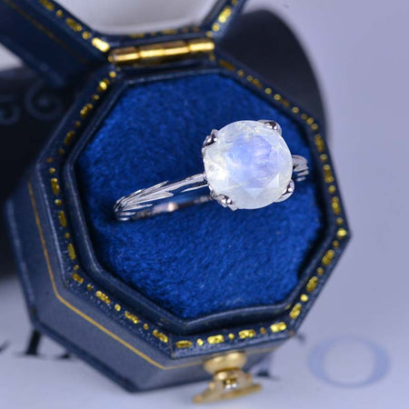 2 Carat Genuine Moonstone 14K White Gold Engagement. Eternity Ring. Opal Leaf Floral Ring Design