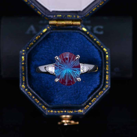 3 Carat Oval Fireworks Cut Alexandrite 14K White Gold Engagement Ring