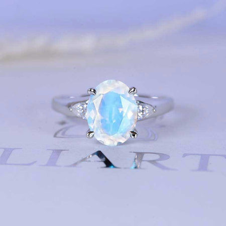 3 CT Oval Genuine moonstone 14K White Gold Engagement Ring