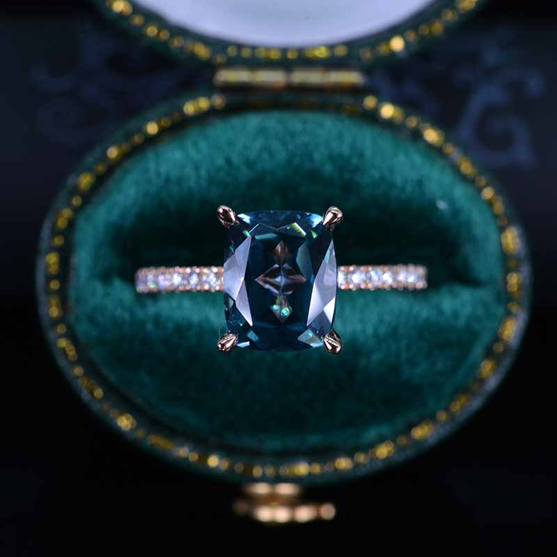 2 Carat Cushion Teal Sapphire Hidden Halo Engagement Ring