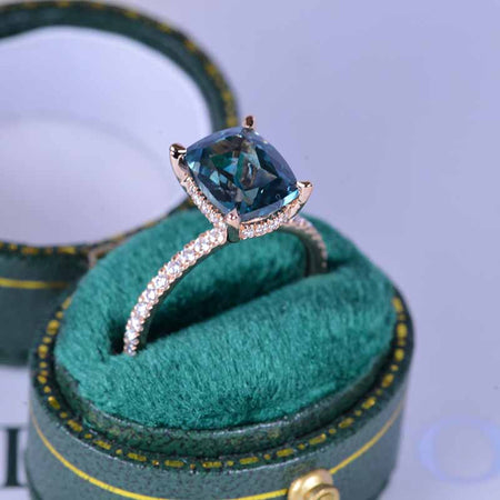 2 Carat Cushion Teal Sapphire Hidden Halo Engagement Ring
