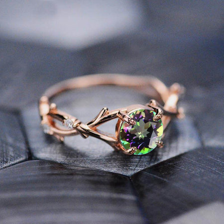 2 Carat Genuine Naturae Mystic Topaz Leaf Engagement Ring. Rose Gold Floral Twig Ring