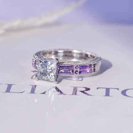 2 Carat Princess Cut Gray Moissanite White Gold Vintage Style Engagement Ring