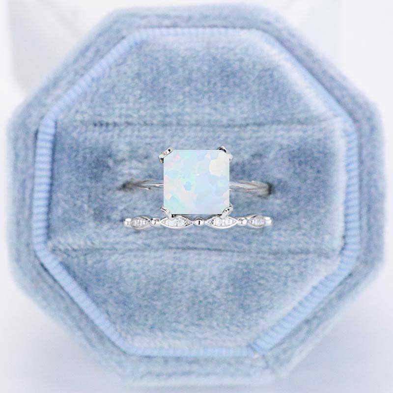 3 Carat Princess Cut White Opal  Engagement Eternity Gold Ring Set
