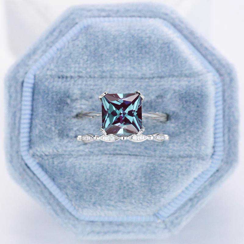 3 Carat Princess Cut Alexandrite Engagement Eternity Gold Ring Set
