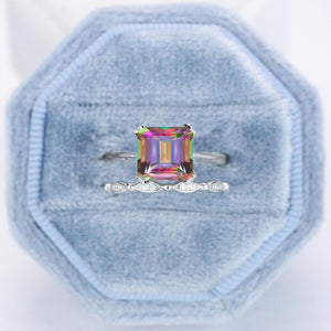3 Carat Princess Genuine Natural Mystic Topaz Engagement Eternity Gold Ring Set