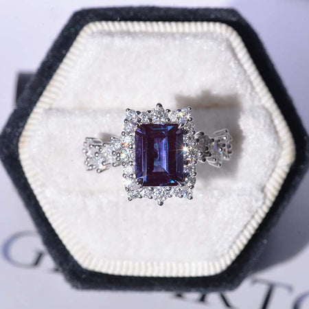 3 Carat Vintage Style 9x7mm Emerald Cut Halo Alexandrite White Gold Floral Shank Engagement Ring