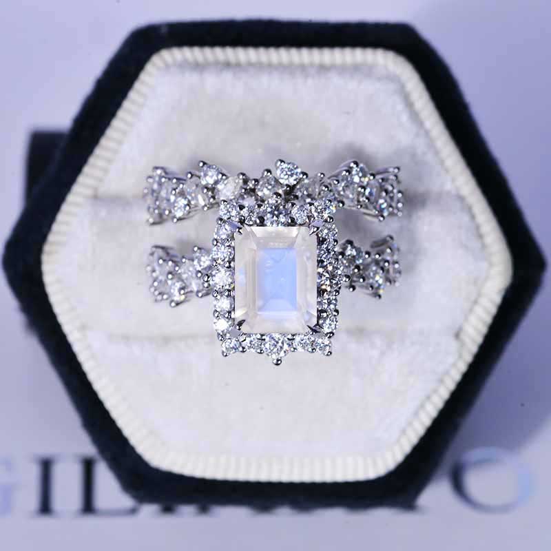 Carat Genuine Moonstone Engagement Ring Halo Emerald Cut Genuine
