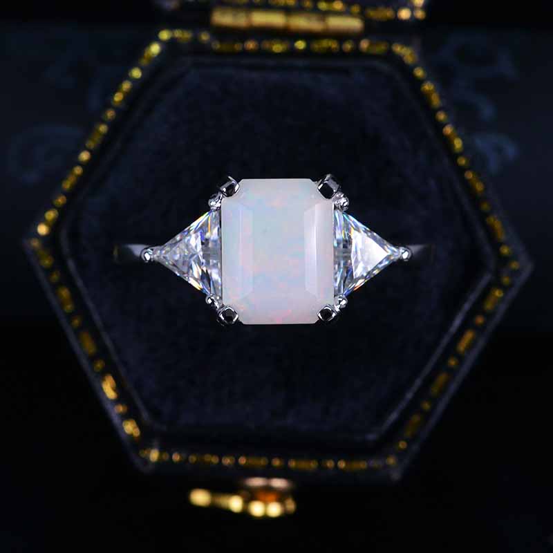 3 Carat Radiant Genuine Natural White Opal Engagement Ring