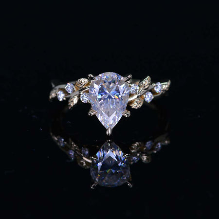 3 Carat Pear Brilliant Cut Moissanite Floral 14K Yellow Gold Engagement Ring