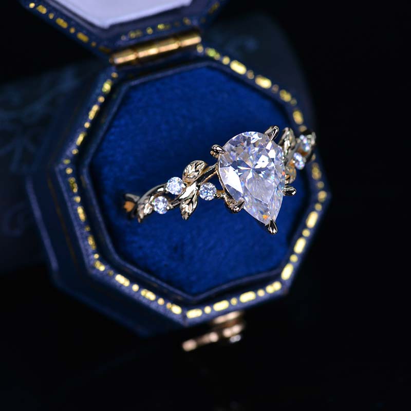 3 Carat Pear Brilliant Cut Moissanite Floral 14K Yellow Gold Engagement Ring