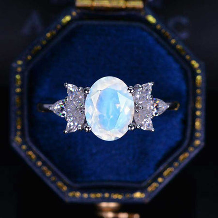 14K Rose Gold 2 Carat Oval Genuine moonstone Halo Vintage Engagement Ring