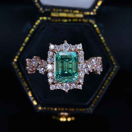 3 Carat Vintage Style 9x7mm Green Radiant Cut Giliarto Moissanite Gold Floral Shank Engagement Ring