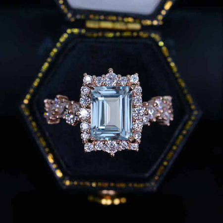 3 Carat Vintage Style 9x7mm Radiant Cut Aquamarine Gold Floral Shank Engagement Ring
