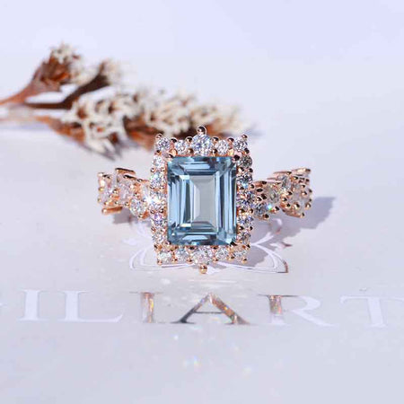 3 Carat Vintage Style 9x7mm Emerald Cut Halo Aquamarine White Gold Floral Shank Engagement Ring
