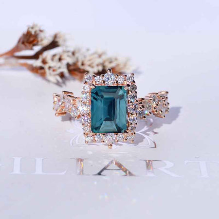 3 Carat Vintage Style 9x7mm Emerald Cut Halo Teal Sapphire Rose Gold Floral Shank Engagement Ring