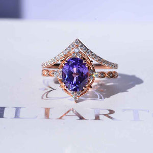 14K Rose Gold Ring 2CT Oval Vintage Wedding Ring, Oval Lavender Sapphire Halo Engagement Ring Set