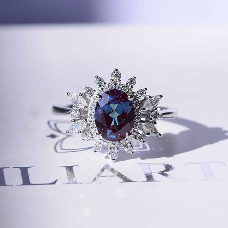 14K White Gold 2 Carat Oval Alexandrite  Snowflake Halo Engagement Ring