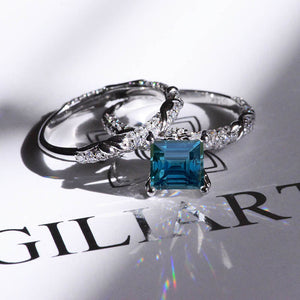 1.5 Carat Princess Cut Teal Sapphire White Gold Floral Engagement Ring Set