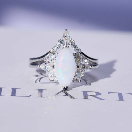 2 Carat Marquise White Opal 14K Solid Gold Ring Set 12x6mm Marquise Genuine Natural White Opal Vintage Wedding Ring. Engagement Ring Anniversary Ring, Marquise Side Stones Ring Set