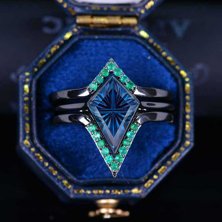 14K White Gold 3 Carat Kite Fantasy Cut Alexandrite Bezel Engagement Ring, Three Rings Set