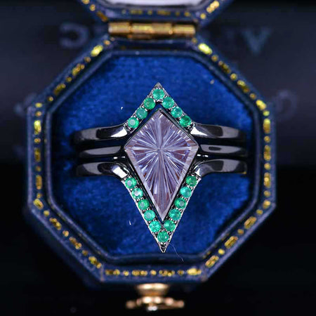 14K White Gold 3 Carat Kite Fireworks Cut Alexandrite Bezel Engagement Ring, Emerald Three Rings Set