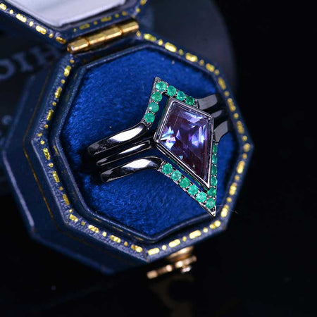 14K White Gold 3 Carat Kite Alexandrite Bezel Engagement Ring, Emerald Three Rings Set