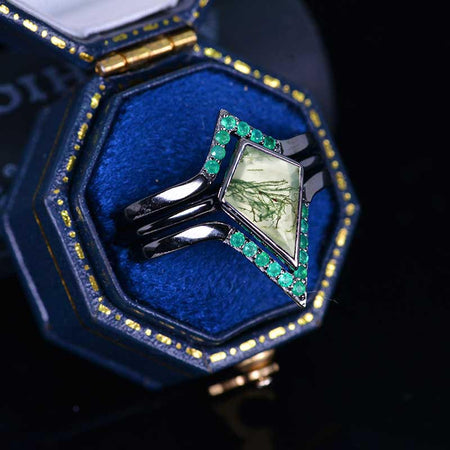 14K White Gold 3 Carat Kite Genuine Moss Agate Bezel Engagement Ring, Emerald Three Rings Set