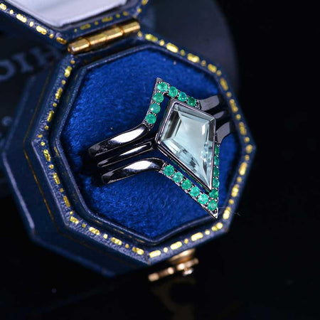 14K White Gold 3 Carat Kite Aquamarine Bezel Engagement Ring, Emerald Three Rings Set
