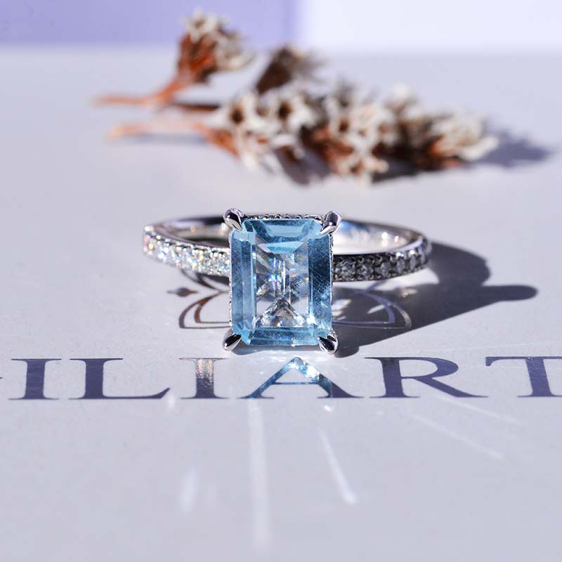 3 Carat Emerald Cut Genuine Aquamarine Hidden Halo Engagement Ring
