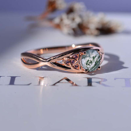 Fairy Tail Genuine Moss Agate Celtic Engagement Ring 14K Rose Gold